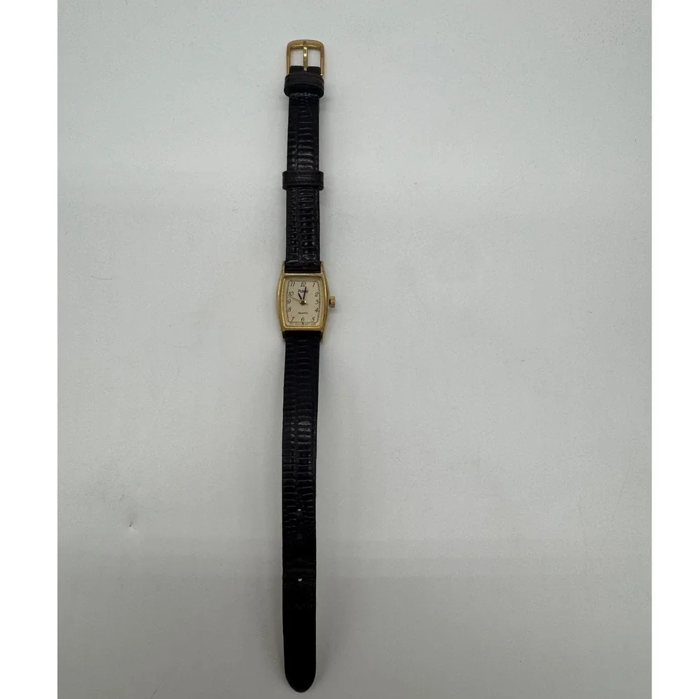 Pulsar V233-5100 Gold Tone Tonneau Ladies Quartz Watch Brown Leather needs bat